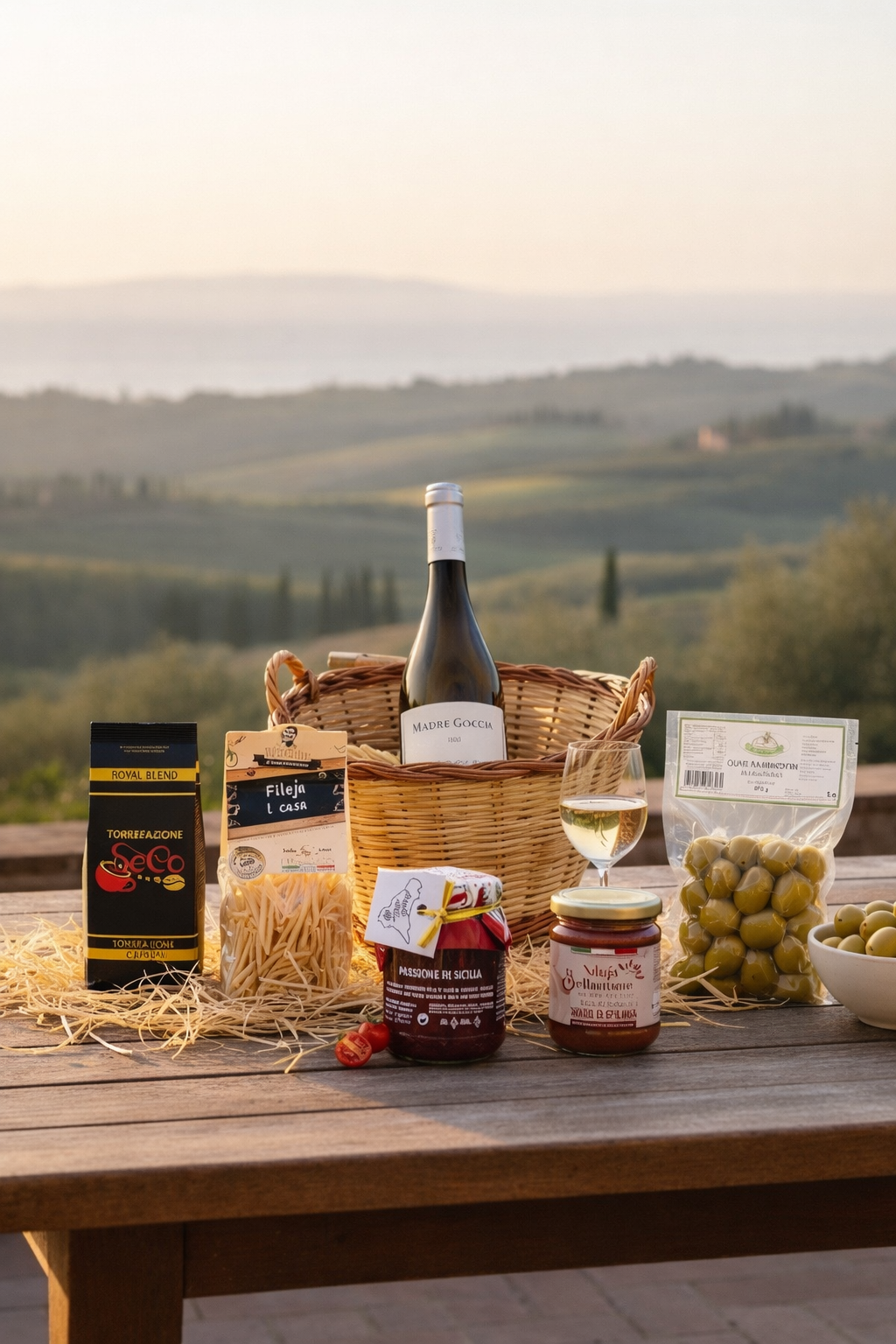 Italienischer Geschenkkorb mit Weißwein und Feinkost