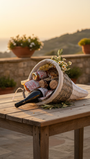 Rustikaler italienischer Geschenkkorb mit Rotwein und Feinkost – authentischer Genuss aus Italien