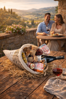 Romantischer Geschenkkorb aus Italien für Paare – Rotwein und Delikatessen in mediterraner Atmosphäre
