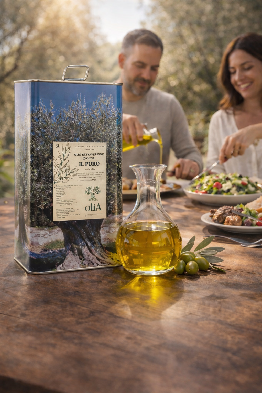 Italienisches Olivenöl kaltgepresst auf Tisch mit frischem Salat und Familie mediterrane Küche Genussmoment Bella Italia Store
