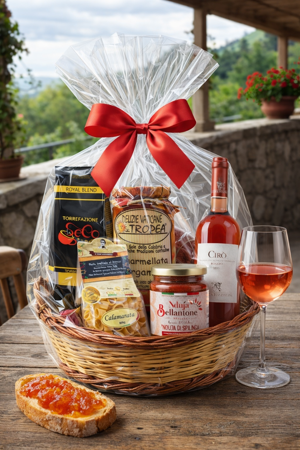 Italienischer Geschenkkorb mit Wein und Delikatessen