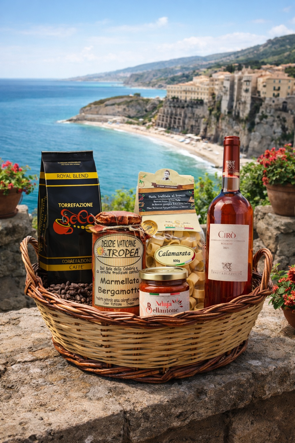 Geschenkkorb aus Italien mit Meerblick Tropea – Feinkost, Wein und traditionelle Produkte