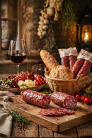 Italienische Salami Spezialitäten mit Bauernbrot in rustikaler Küche arrangiert