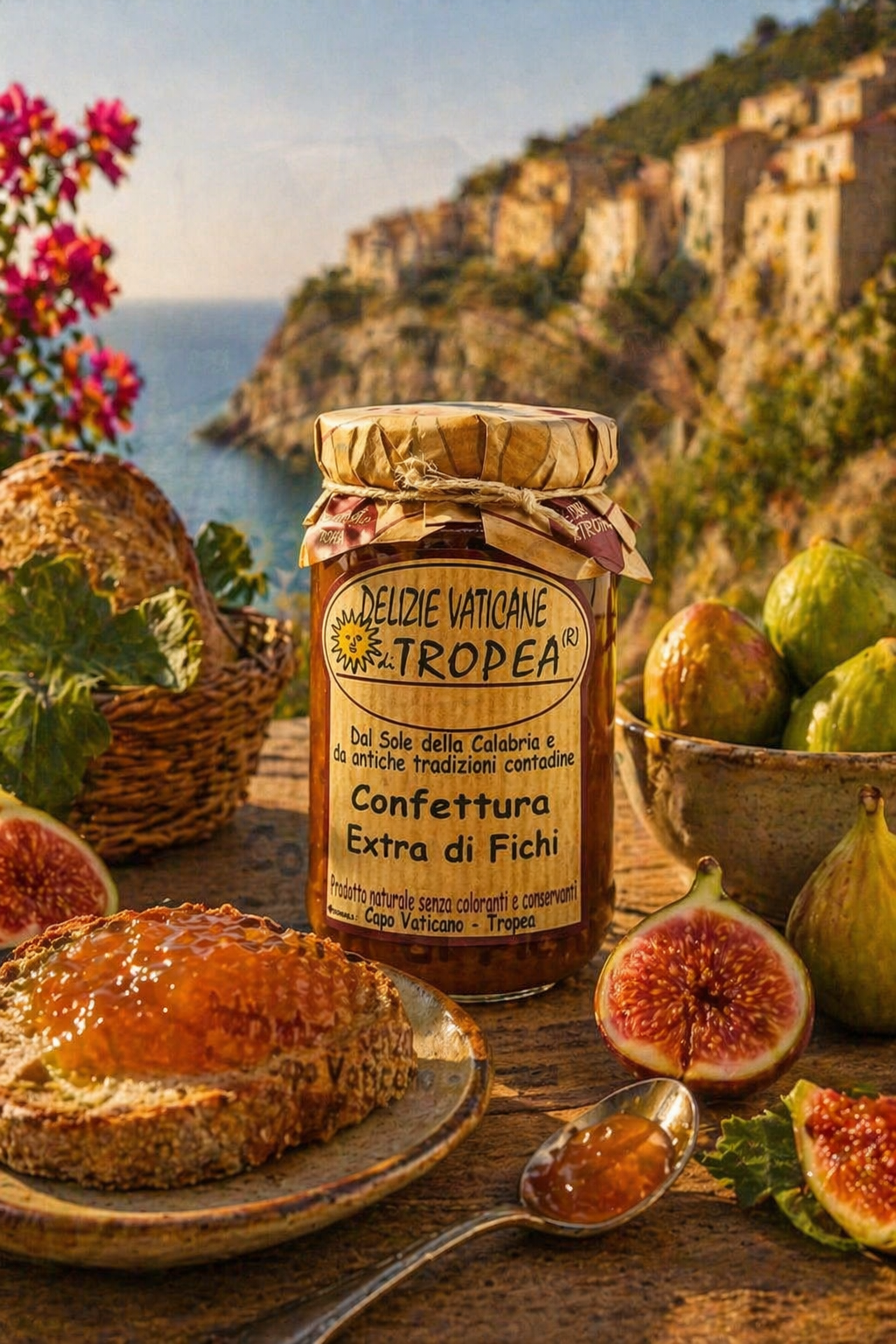 Italienische Feigenmarmelade aus Tropea – Confettura Extra di Fichi auf frischem Brot mit Feigen und mediterraner Küstenlandschaft, Feinkost aus Kalabrien