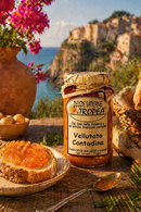 Italienische Vellutata Contadina aus Tropea – cremiger Gemüseaufstrich auf frischem Brot mit mediterraner Küstenlandschaft, Feinkost aus Kalabrien
