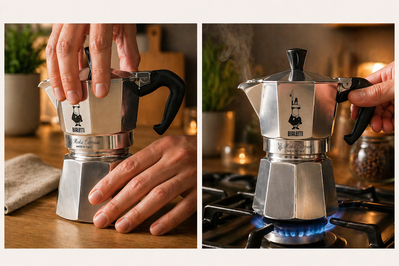 Schritte zur Espresso Zubereitung mit Bialetti Moka Kanne – Wasser und gemahlener Kaffee richtig dosieren