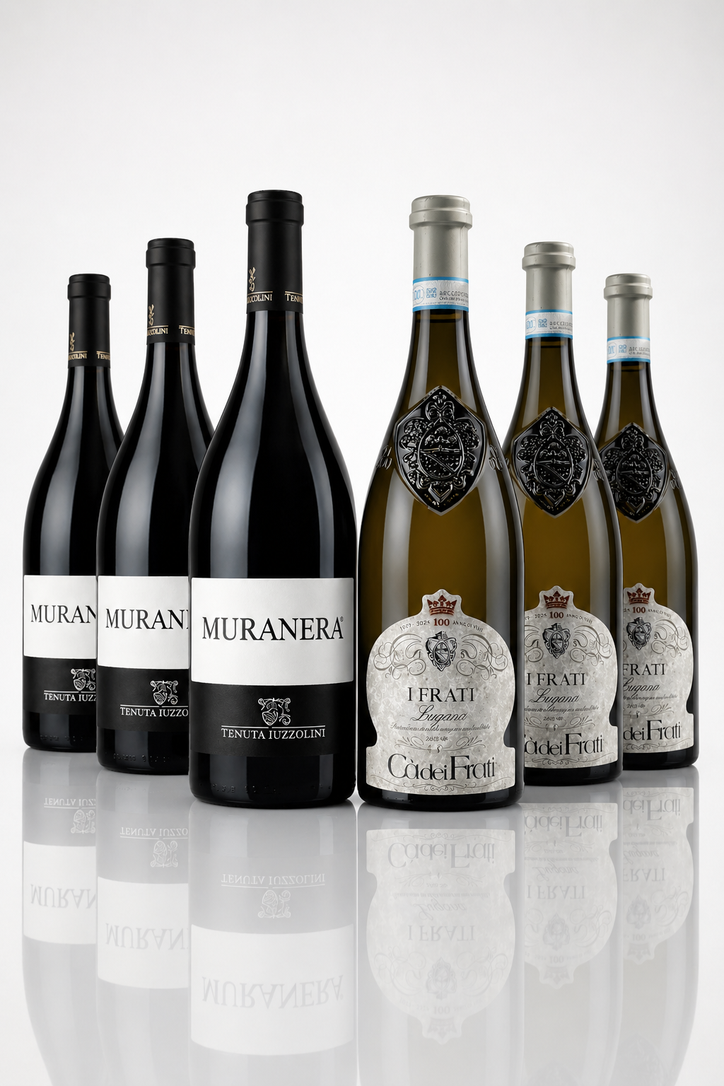 Italienisches Weinpaket 6 Flaschen – 3x Muranera Rotwein und 3x Lugana Weißwein mit Spiegelung auf weißem Hintergrund