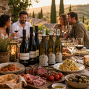 Italienische Genuss Pakete mit Wein Pasta und Fleisch bei mediterranem Abendessen auf Terrasse