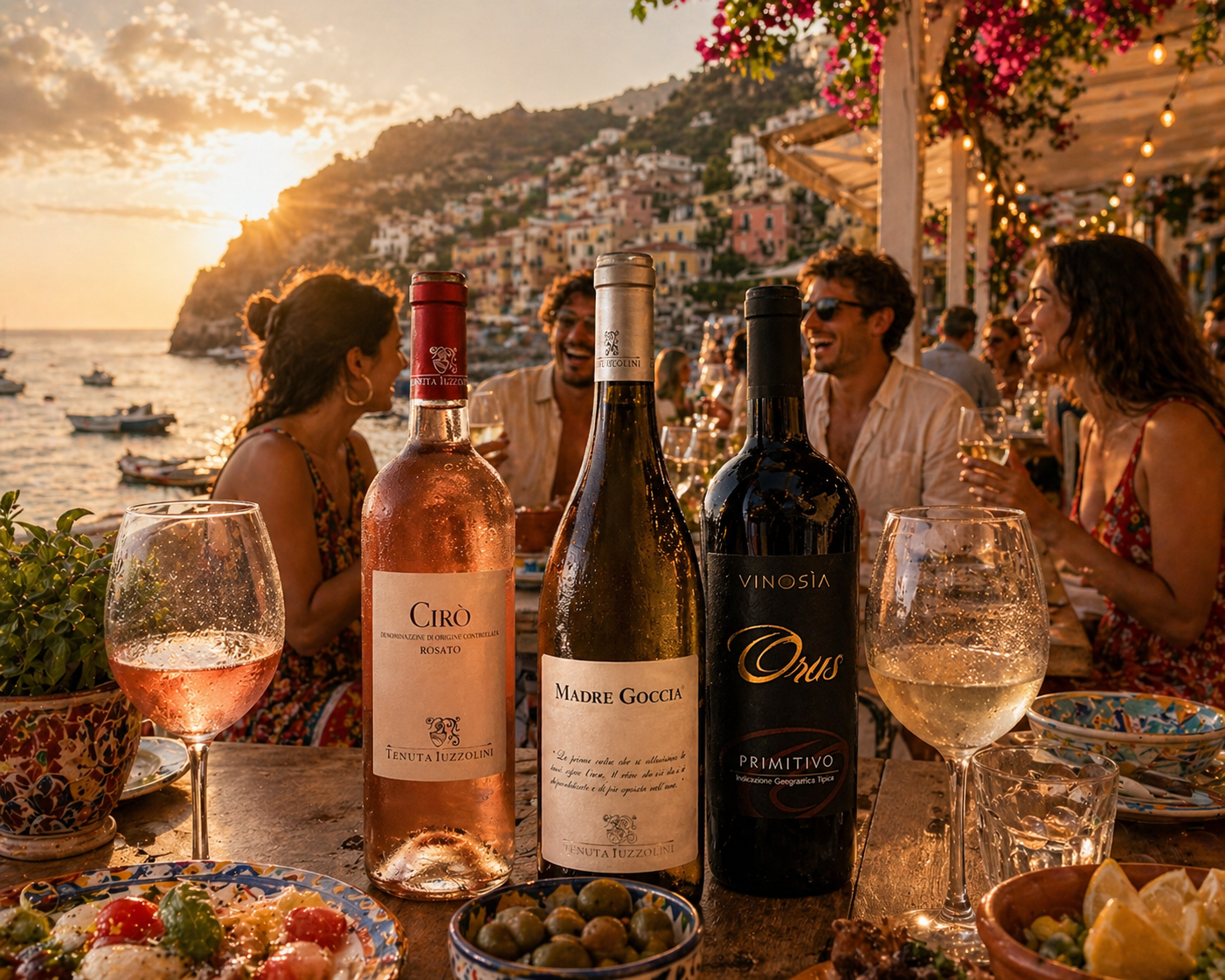 Italienisches Weinpaket bei Abendessen mit Freunden auf Terrasse am Meer