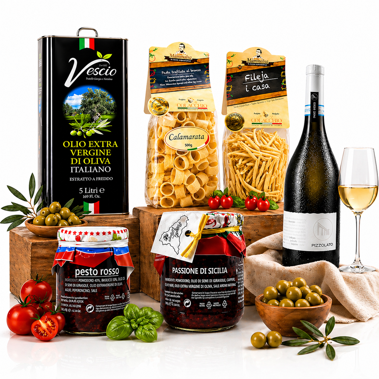 Italienisches Delikatessen Paket – Olivenöl 5L, Pasta, Pesto & Wein Premium Genuss aus Italien