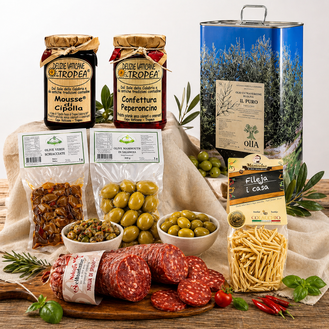 Premium Feinkost Paket aus Italien mit kalabrischer Salami, Fileja Pasta, Oliven und Extra Vergine Olivenöl