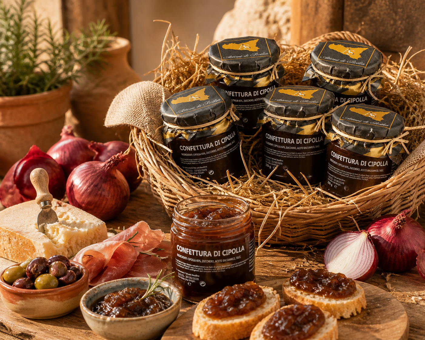 Confiture di Cipolla im rustikalen Korb – Zwiebelmarmelade aus Sizilien mit Antipasti Präsentation