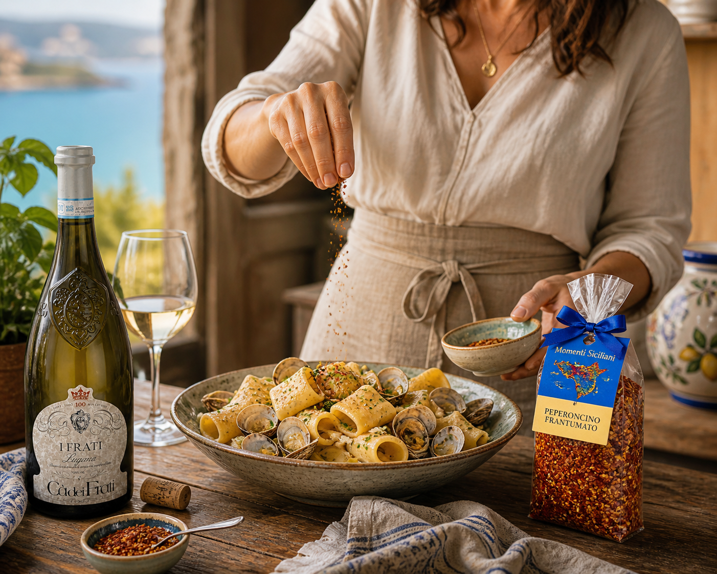 Peperoncino frantumato wird über Pasta gestreut – italienisches Chili Gewürz für mediterrane Küche