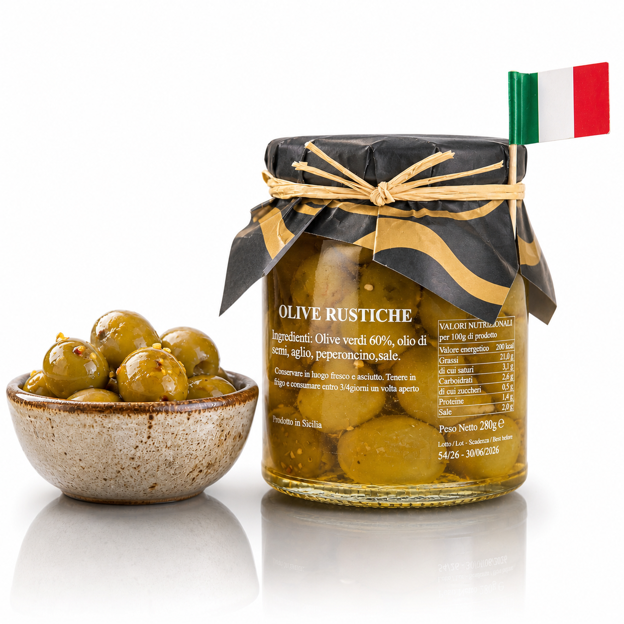 Oliven aus Sizilien mit Knoblauch & Chili – italienische grüne Oliven in Öl, 280g Feinkost