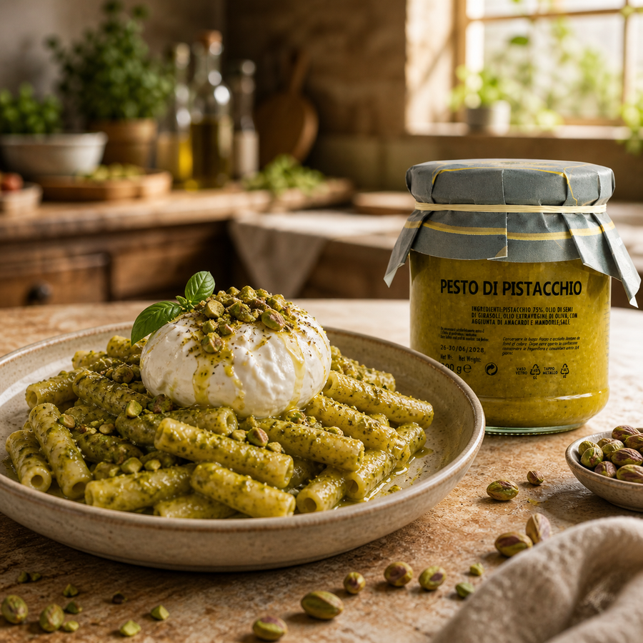     Cremige Pasta mit Pesto di Pistacchio und Burrata – sizilianisches Pistazienpesto in rustikaler italienischer Küche