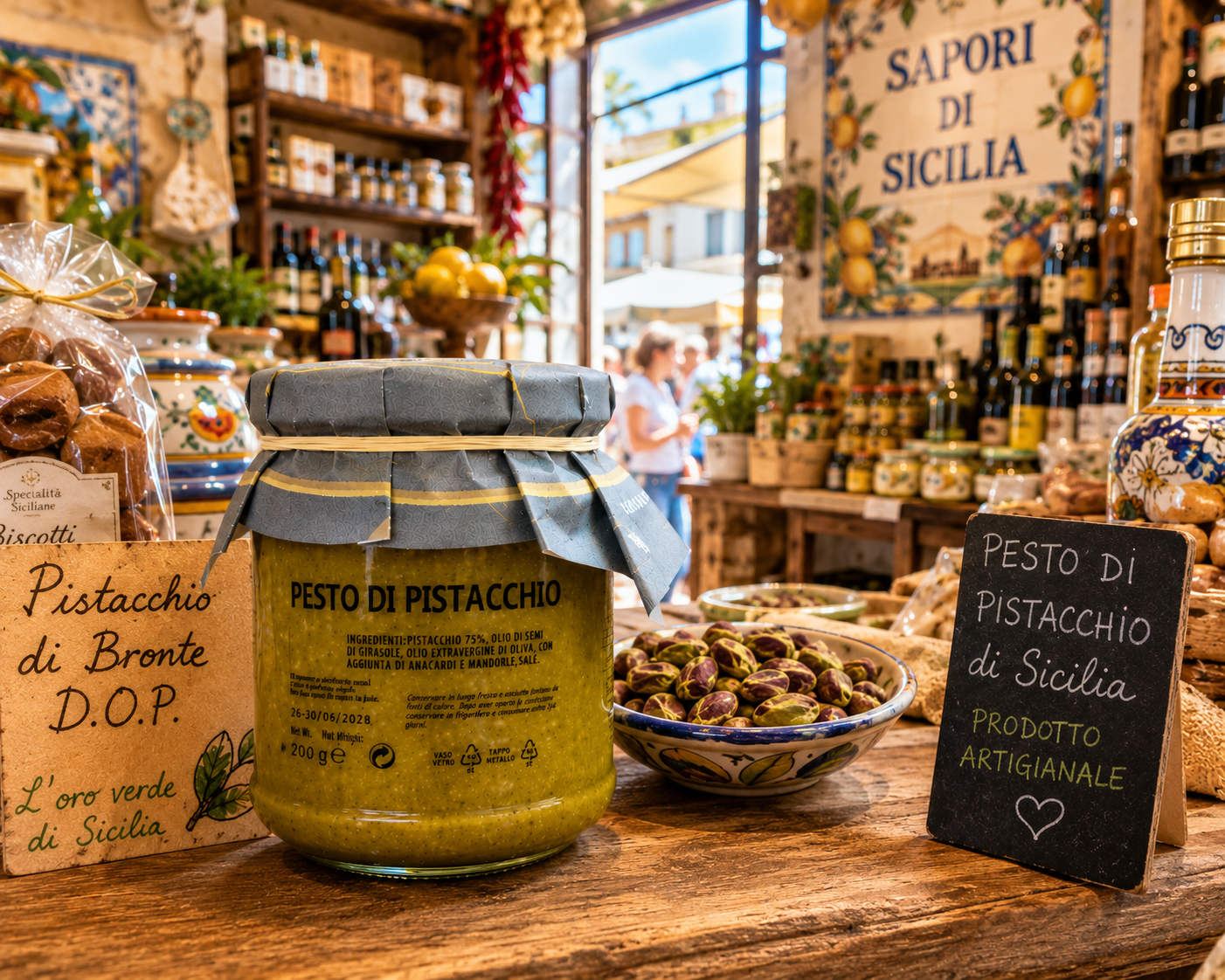     Pesto di Pistacchio aus Sizilien in italienischem Feinkostgeschäft – mediterrane Gourmet Spezialität mit Pistazien
