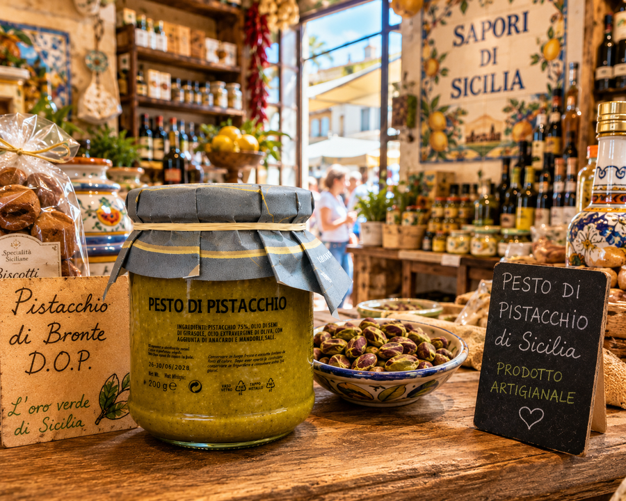    Pesto di Pistacchio aus Sizilien in italienischem Feinkostgeschäft – mediterrane Gourmet Spezialität mit Pistazien