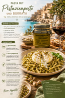 Rezeptkarte für Pasta mit Pistazienpesto und Burrata – cremige italienische Pasta mit sizilianischem Pesto di Pistacchio, Burrata, Pistazien und Rotwein am Meer in mediterraner Atmosphäre