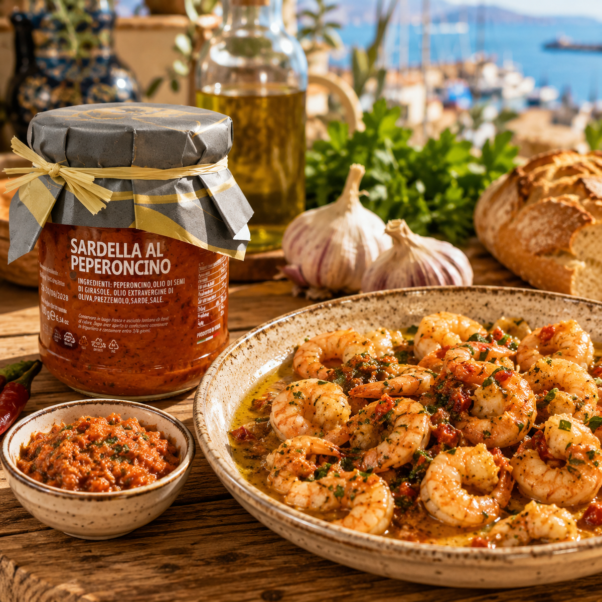     Sardella al Peperoncino mit Garnelen und mediterraner italienischer Küche am Meer serviert