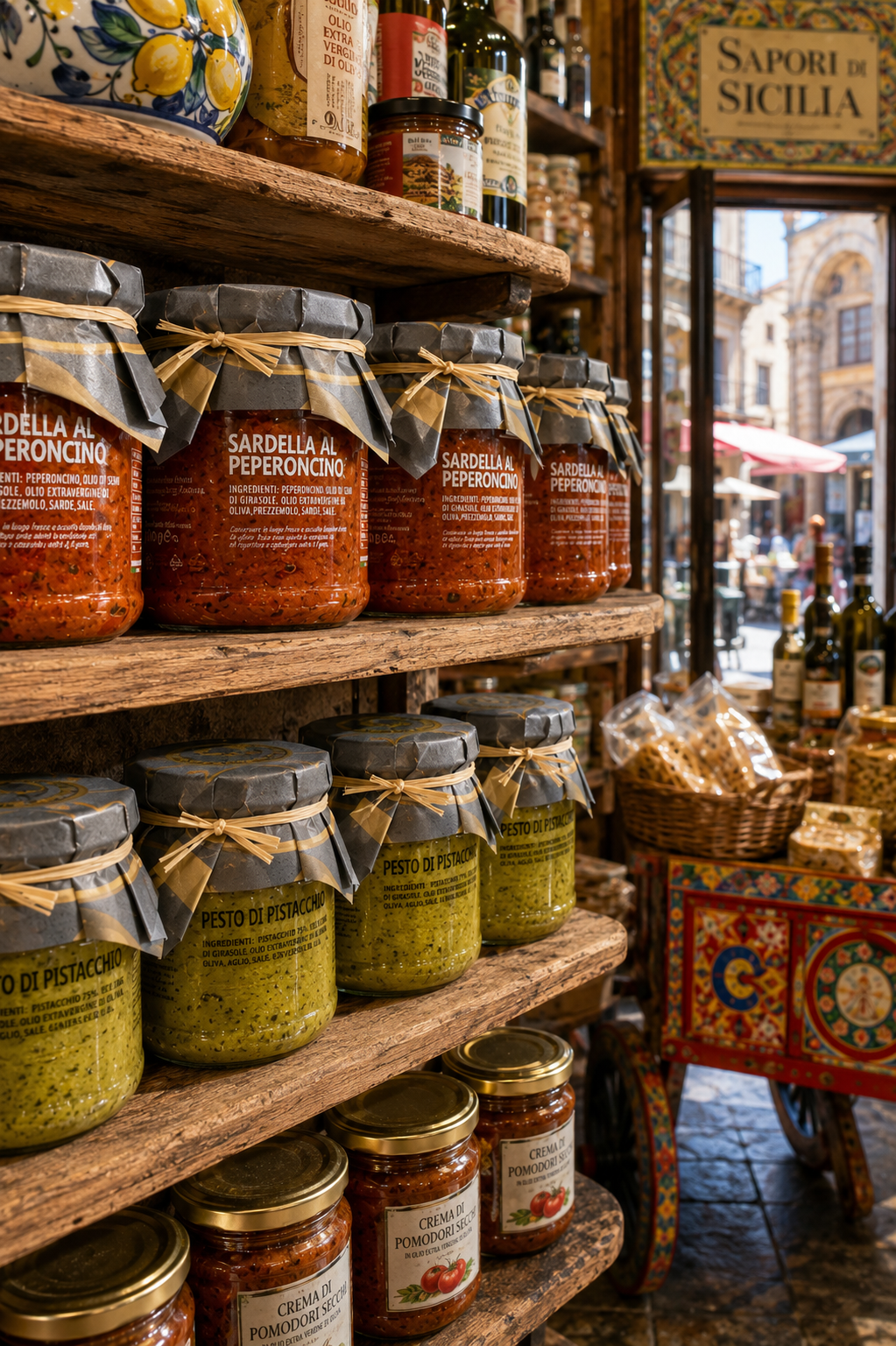     Italienische Feinkost im Regal – Sardella al Peperoncino und sizilianische Spezialitäten in rustikalem Ambiente