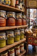     Italienische Feinkost im Regal – Sardella al Peperoncino und sizilianische Spezialitäten in rustikalem Ambiente