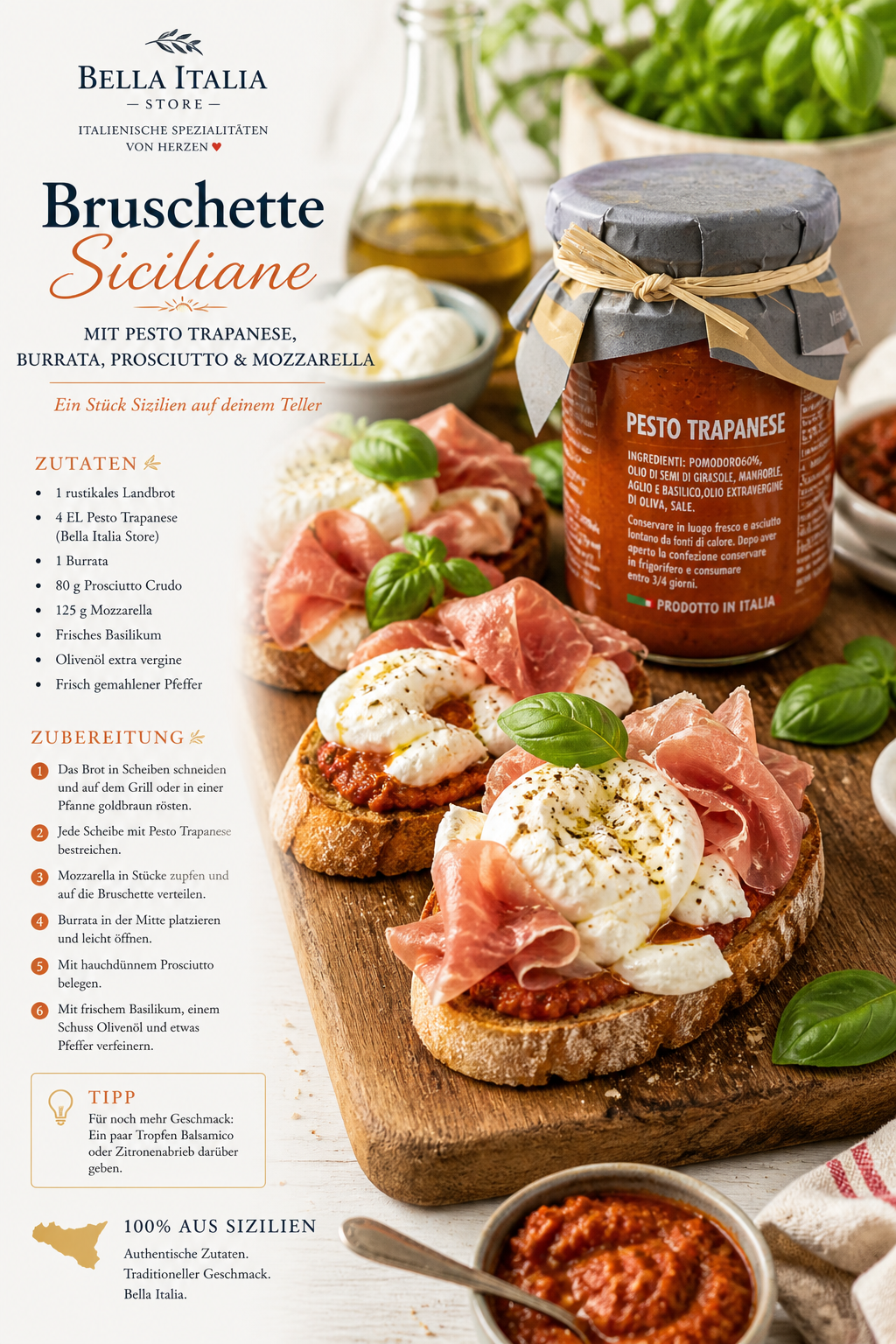     Bruschetta Rezept mit Pesto Trapanese, Burrata und Prosciutto – sizilianische Spezialität aus Italien