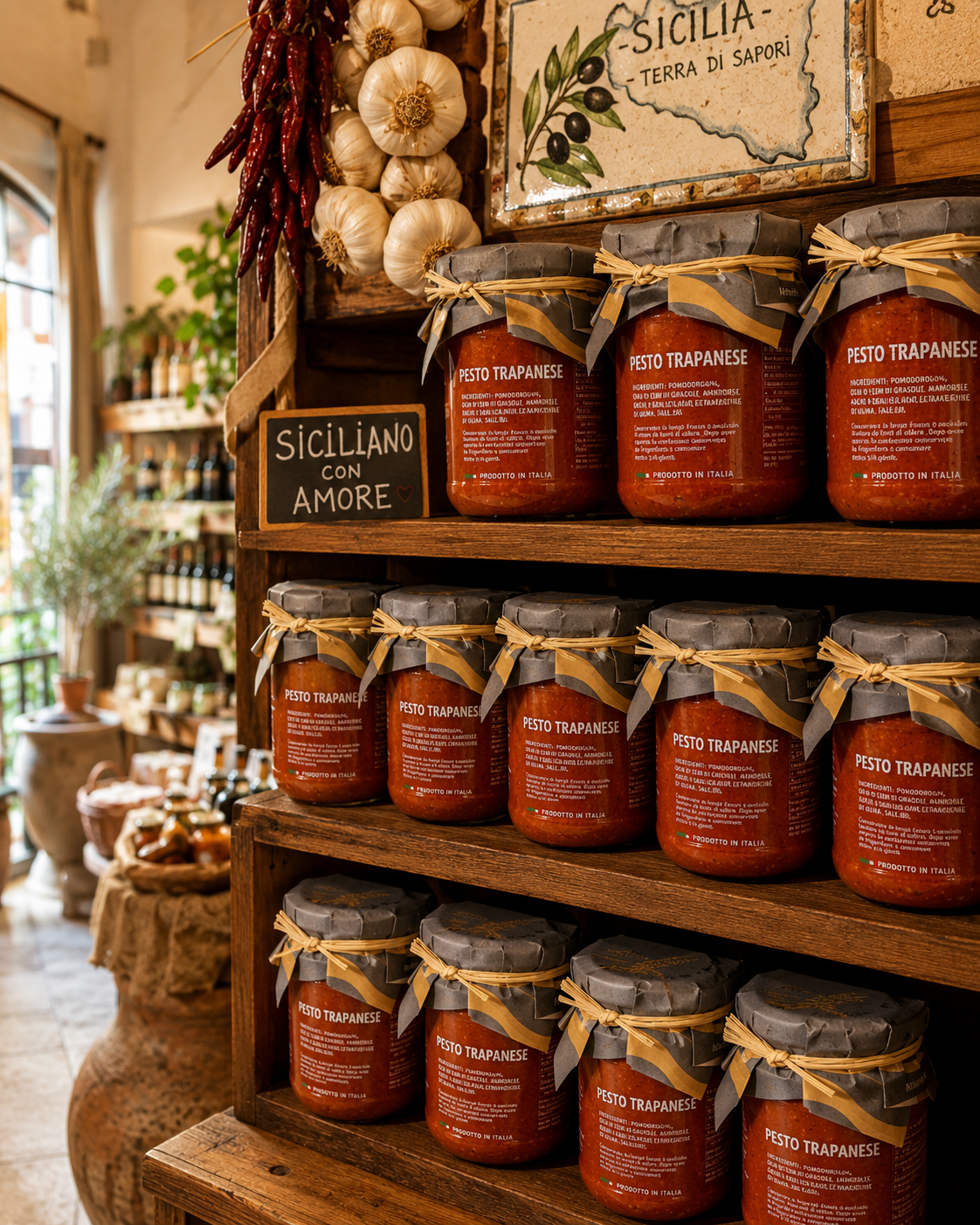     Italienische Feinkost mit Pesto Trapanese im rustikalen Regal voller sizilianischer Spezialitäten