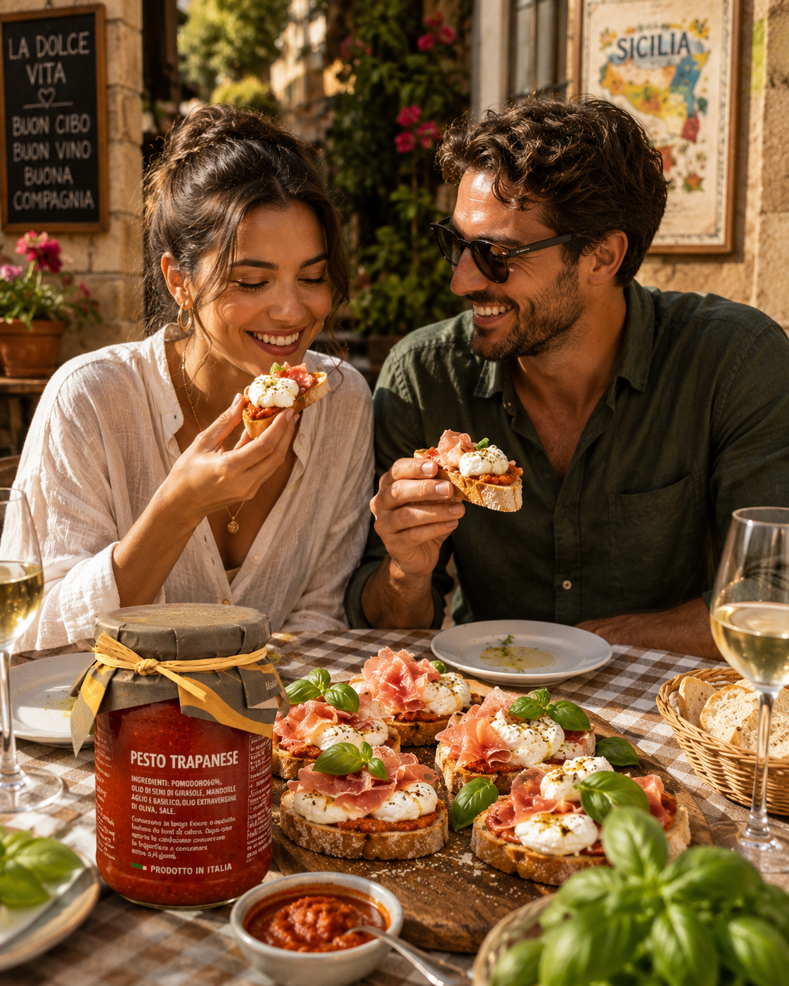     Pesto Trapanese aus Sizilien bei mediterranem Abendessen mit Bruschetta und italienischer Feinkost