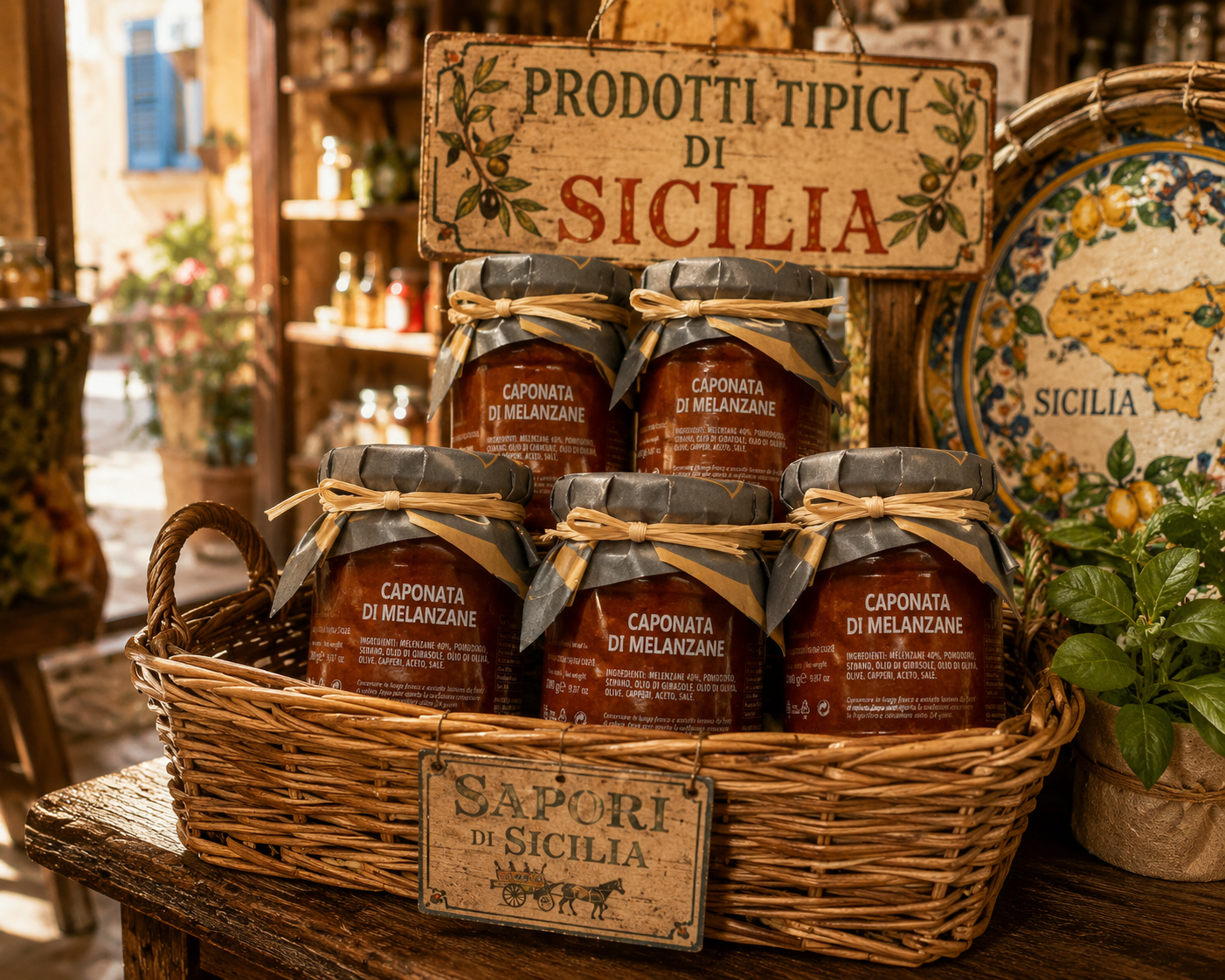     Sizilianische Feinkost mit Caponata di Melanzane in rustikalem Geschenkkorb präsentiert
