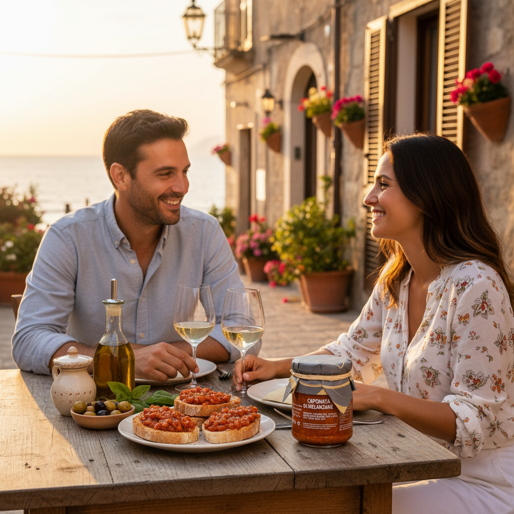     Italienisches Paar genießt Caponata di Melanzane bei einem mediterranen Abendessen in Sizilien