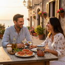     Italienisches Paar genießt Caponata di Melanzane bei einem mediterranen Abendessen in Sizilien