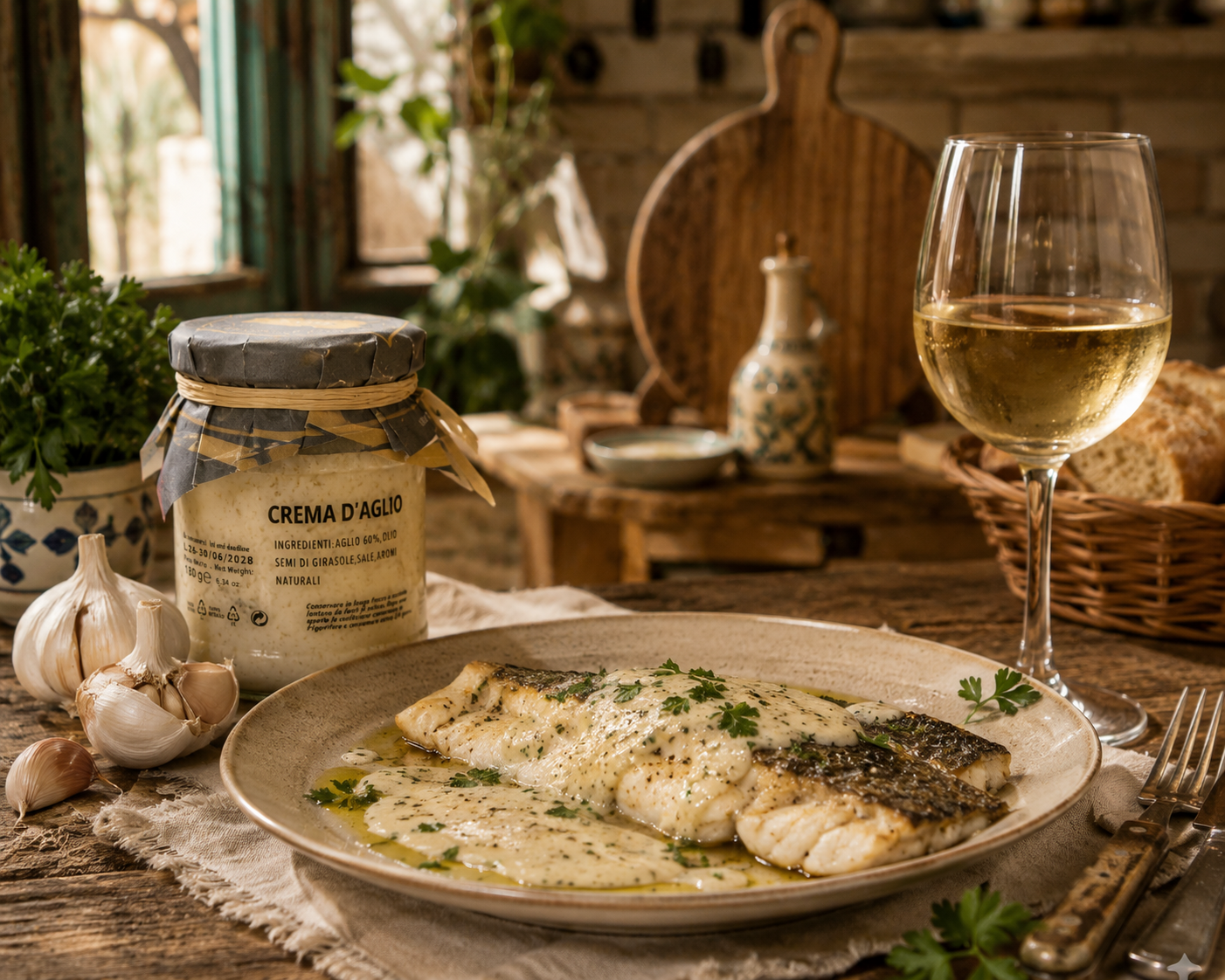     Crema d’Aglio Knoblauchcreme aus Sizilien serviert mit Fischgericht und Weißwein in rustikaler italienischer Küche