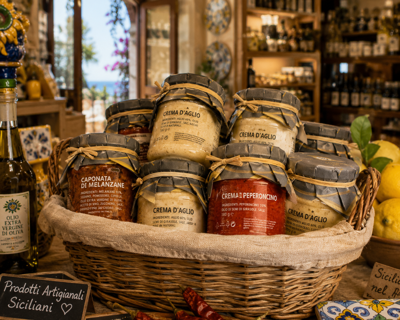     Sizilianische Feinkost mit Crema di Peperoncino und mediterranen Spezialitäten in rustikalem Geschenkkorb
