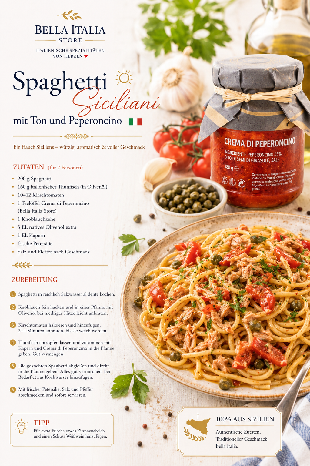     Italienische Pasta mit Crema di Peperoncino aus Sizilien – scharfe Chili Creme für Spaghetti und mediterrane Gerichte