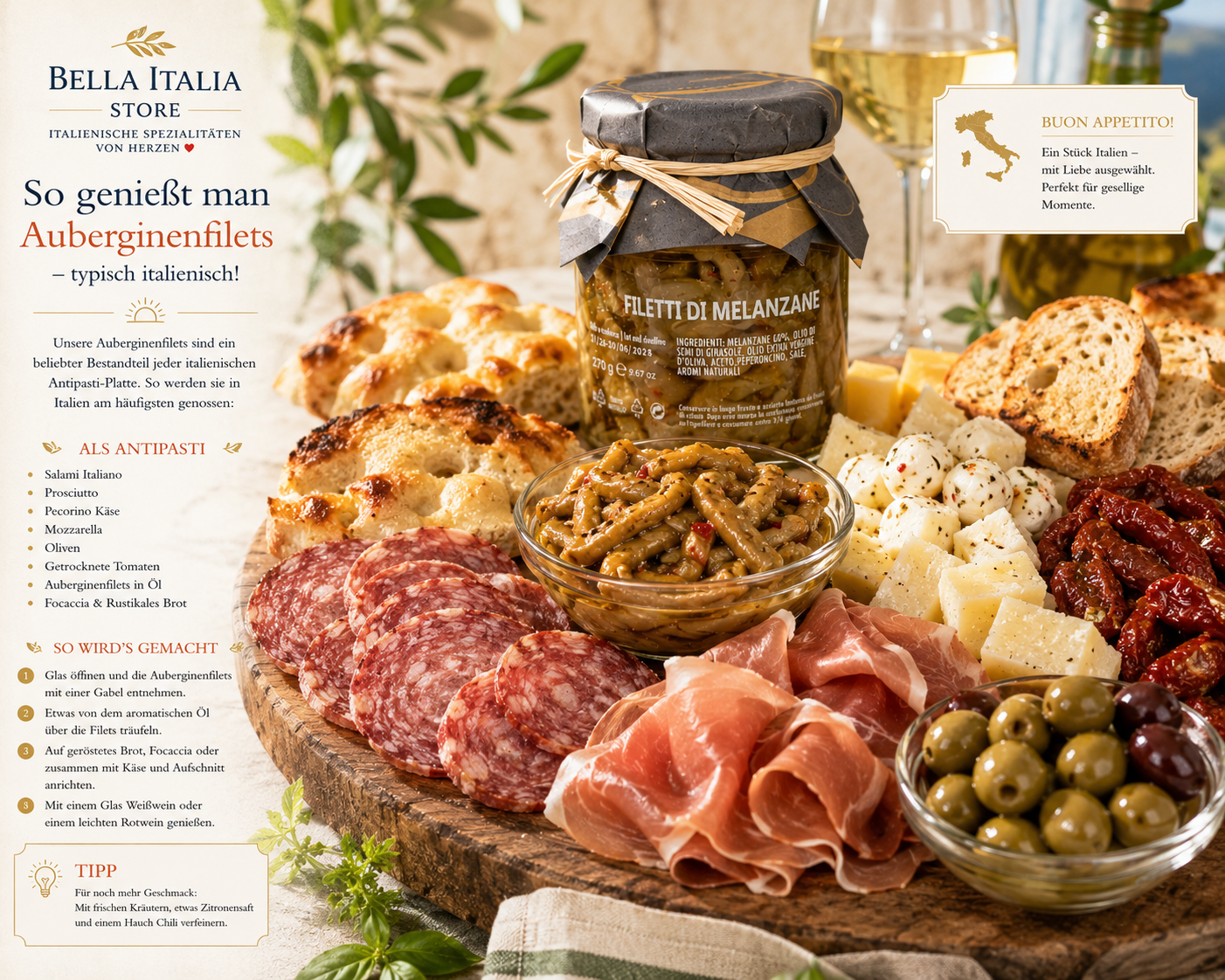     Antipasti Platte mit Filetti di Melanzane, Salami, Prosciutto und italienischem Käse