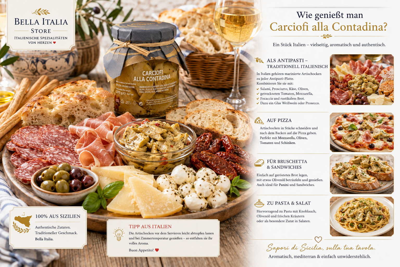     Italienische Antipasti Platte mit Carciofi alla Contadina, Käse, Salami und mediterranen Spezialitäten