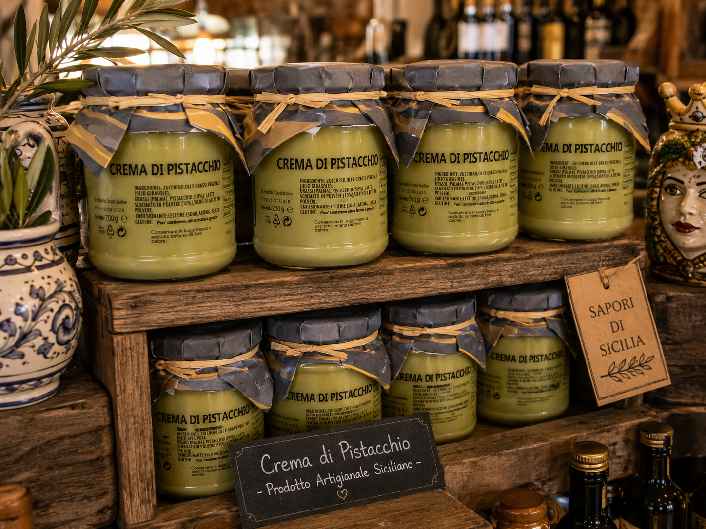 Sizilianische Pistaziencreme im Regal – Crema di Pistacchio mit intensivem Pistaziengeschmack