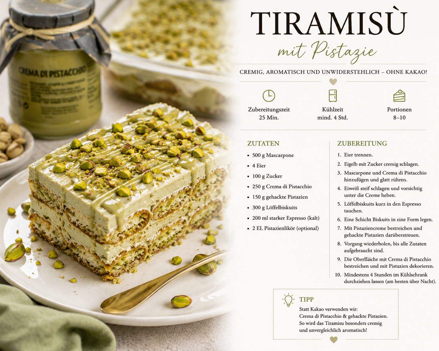 Tiramisu mit Pistaziencreme und sizilianischer Crema di Pistacchio – italienisches Dessert Rezept