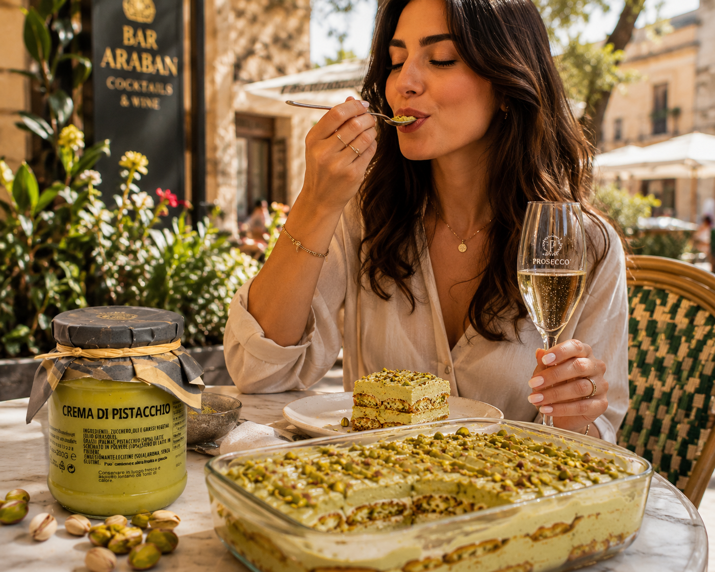 Italienisches Pistazien Tiramisu mit Crema di Pistacchio und Prosecco in mediterraner Atmosphäre