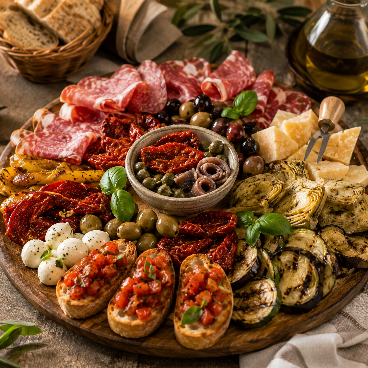 Mediterrane Antipasti Platte mit Bruschetta, Salami, Oliven und Pomodoro Capperi Acciughe aus Italien