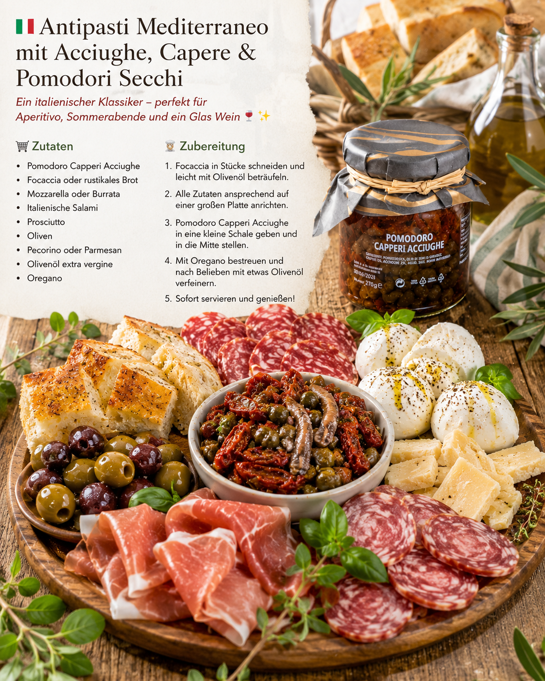    Pomodoro Capperi Acciughe im rustikalen Präsentkorb – sizilianische Delikatessen und italienische Antipasti
