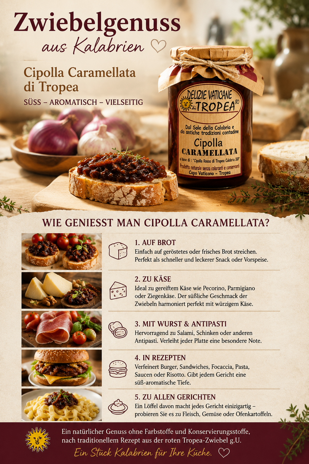     Cipolla Caramellata di Tropea – italienische Delikatesse mit Servierideen für Käse, Burger, Antipasti und mediterrane Küche