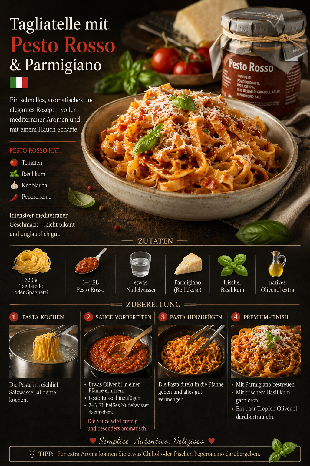 Ein Hauch Sizilien in jeder Pasta
Das würzige Pesto Rosso sorgt für mediterrane Genussmomente wie im Italienurlaub.