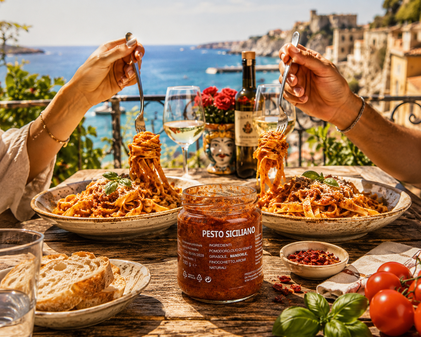 Mediterranes Pasta-Dinner mit Pesto Siciliano und italienischer Atmosphäre am Meer 🍝