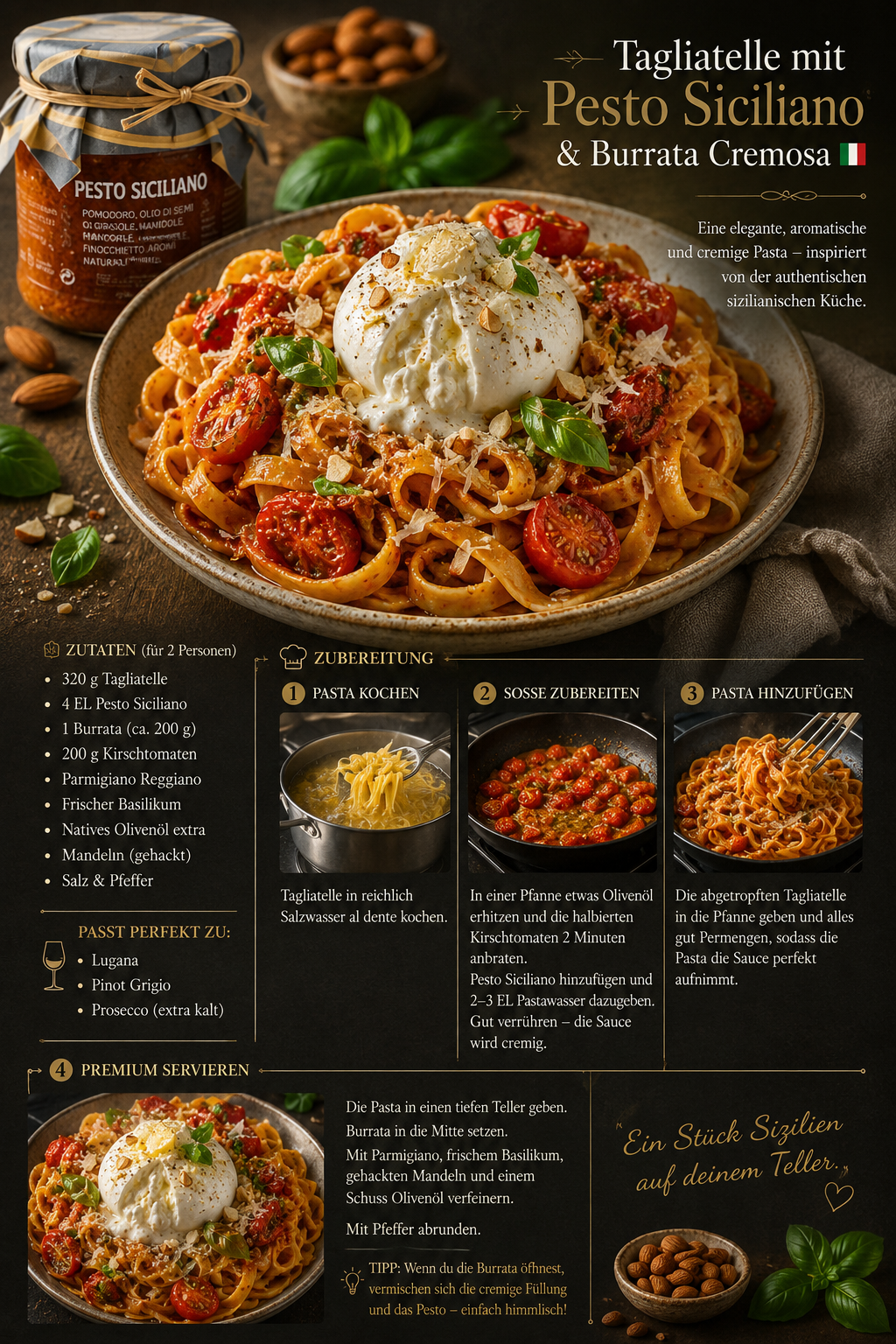 Cremige Pasta mit Pesto Siciliano und Burrata – sizilianische Spezialität mit Mandeln und Tomaten 🍅✨