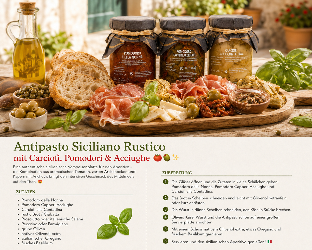 Sizilianische Antipasti 270g – Artischocken, Pomodori & mediterrane Feinkost aus Italien