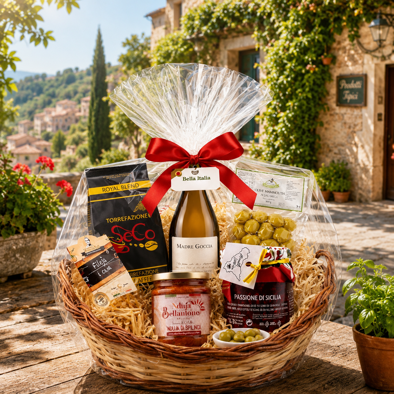 Italienischer Geschenkkorb mit Weißwein und Feinkost
