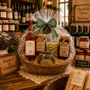 Italienischer Geschenkartikel mit Cirò Rosato, Feinkost aus Kalabrien, Oliven, Artischocken und Antipasti im rustikalen Geschenkkorb