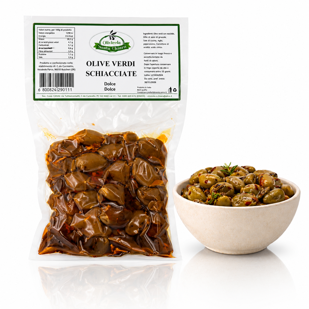 Olive Verdi Schiacciate con Nocciolo - Süße grüne Oliven, 300g