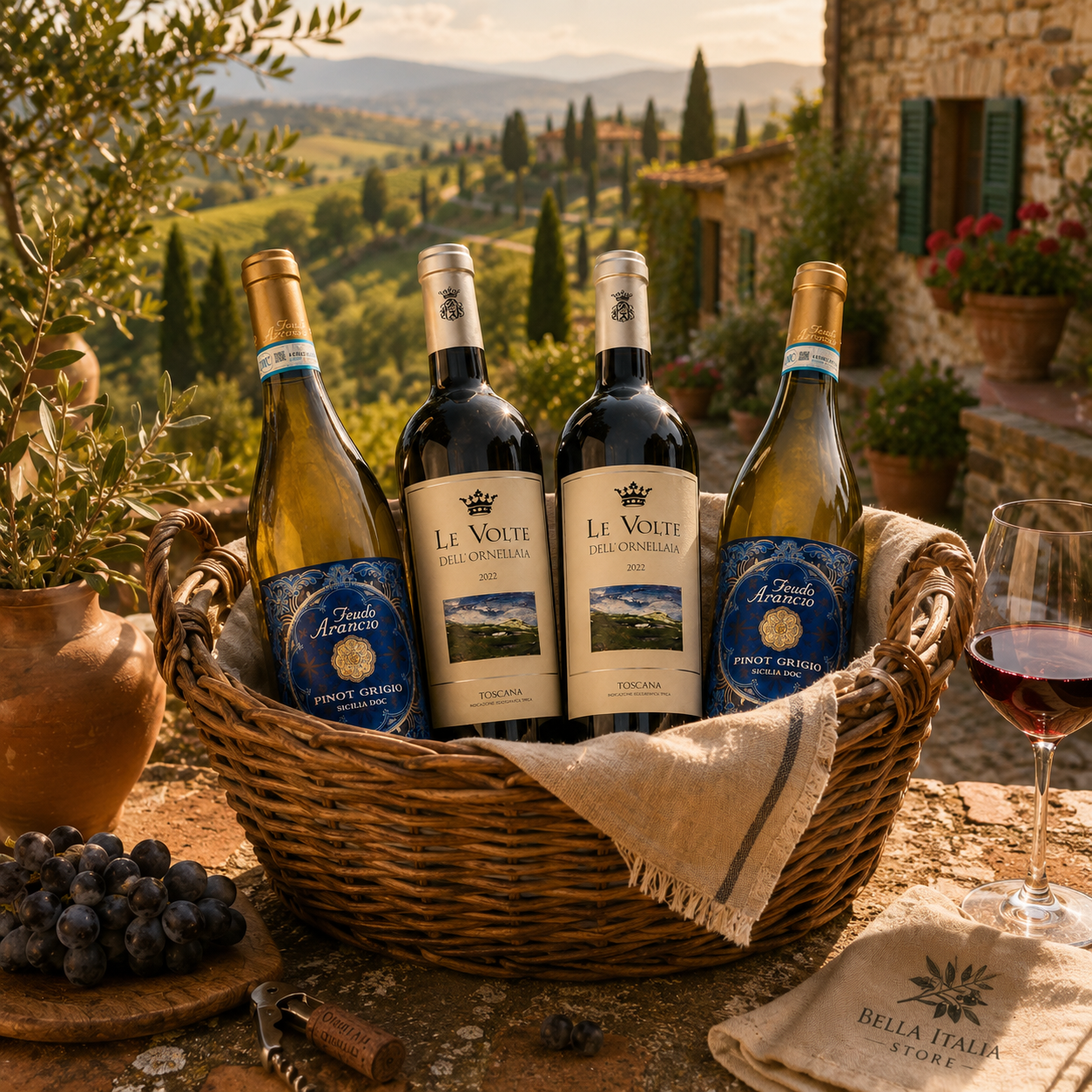 Italienischer Geschenkkorb mit 2 Rotweinen und 2 Weißweinen in eleganter Toscana-Atmosphäre von Bella Italia Store 